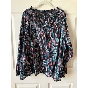Feather Print Talbots Plus Pullover Blouse Size 3X Boho Cottagecore Peasant Top